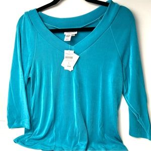 Coldwater Creek Teal V-Neck 3/4 Sleeve Blouse